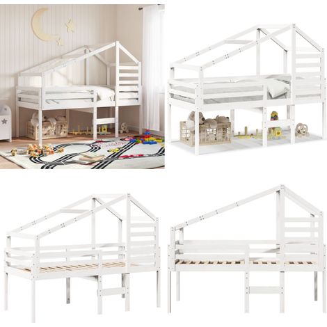 Hochbett mit Dach Weiß 90x190 cm Massivholz Kiefer - Kinderbett mit Dach - Massivholz Bett (1/5)