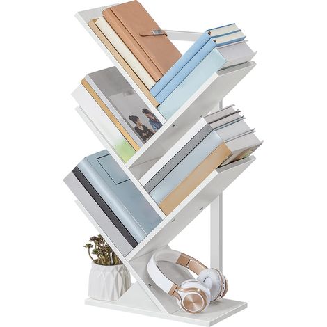 Bibliothèque sur pied en forme d'arbre à 4 niveaux pour le bureau à domicile, rangement de livres, CD, solide et stable, pour le salon, blanche (1/5)