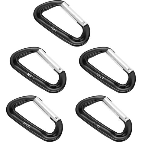 5 pièces mousquetons en alliage d'aluminium 12KN (2697 livres) anneaux en D robustes pour camping randonnée extérieur noir