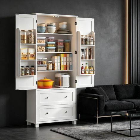 Credenza da cucina bianca 80 x 39,5 x 184,5 cm, 2 ante, 2 cassetti HAVRYA (1/5)
