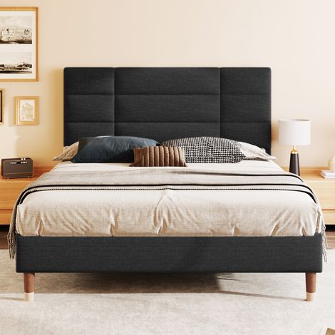 Lit double rembourré 140x200cm, sommier intégré, tête de lit incluse, tissu lin noir, cadre capitonné pour adulte et ado, sans matelas (1/5)