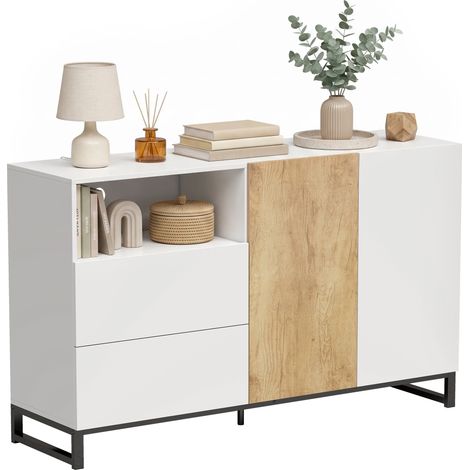 Buffet salon, meuble de rangement avec 2 portes à fermeture douce, 2 tiroirs et étagère réglable, blanc et chêne (1/5)
