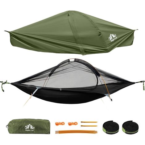 Hamac d'extérieur Night Cat avec moustiquaire : tente hamac de camping XXL résistante aux intempéries avec bâche pour 1 personne – Randonnée/Plein air (forêt), vert (1/5)