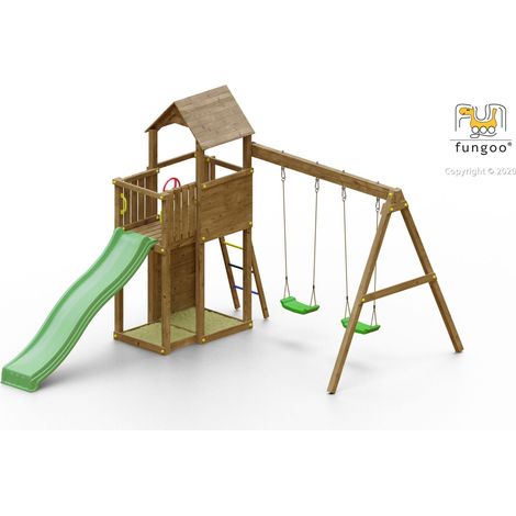 Aire de jeux avec double plateforme – Échelle, toboggan vert, bac à sable, mur d'escalade, balançoire 2 sièges – Matériaux FSC, kit sécurité ancrage – Fungoo (1/8)