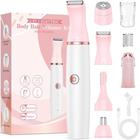 Women's Intimate Hair Clipper, Electric Shaver: 4 in 1 Bikini Shaver Epilator Painless for Bikini/Armpits/Legs/Face/Arms/Eyebrows/Nose, Dry and Wet, Rechargeable (1/5)