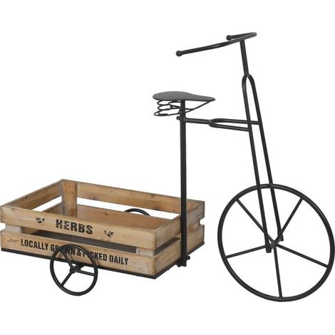 Tricycle Jardinière en métal avec Plateau en Bois Noir et Naturel 70 x 90 x 37 cm