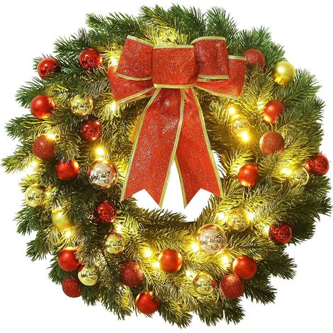 Couronne de Noël 40 cm avec Lumières LED, Boules Décoratives, Guirlande de Porte à Piles (1/5)