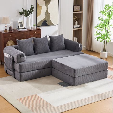 Divano modulare in velluto a coste con pouf, 3 cuscini, grigio scuro HAVRYA (1/5)