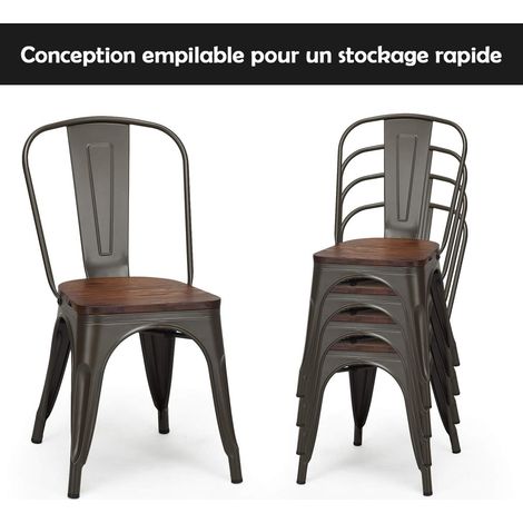 COSTWAY Lot de 4 Chaises en métal Industrielles-Tabouret Empilables avec assise en bois massif-52 x 44 x 84cm,Charge Max. 150kg pour Restaurant/ Bistro/Jardin/Salle à Manger (1/5)
