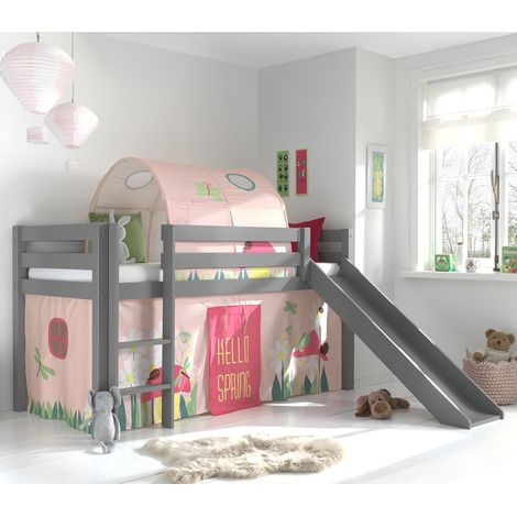 Letto Mi-Altezza 90x200 con Scivolo Rete Inclusa e Housse Spring Vipack Pino Grigio