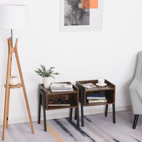 Lot de 2 Tables de Chevet empilables Tables de Nuit en bois table d'Appoint Style Industriel 46 x 35 x 52,5 cm Marron Rustique et Noir (1/5)