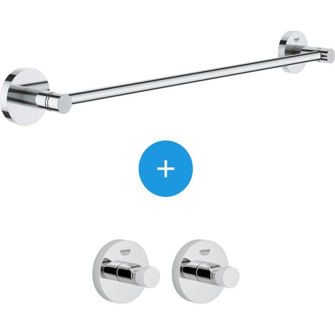 Grohe Essentials Set di 2 ganci da parete con fissaggio invisibile + Porta asciugamani in metallo (40364001 + 40688001)