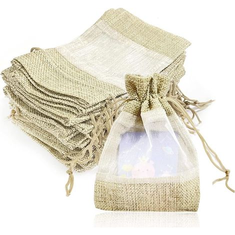 Lot de 16 sacs en organza cousus en toile de jute, sacs cadeaux en organza avec cordons de serrage, sacs à bijoux, réutilisables, sacs à friandises pour ornements, bonbons, friandises (1/5)