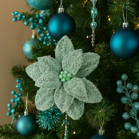 Fiore decorativo natalizio con stelo metallizzato per decorazioni e composizioni h 6 cm -Verde (1/5)