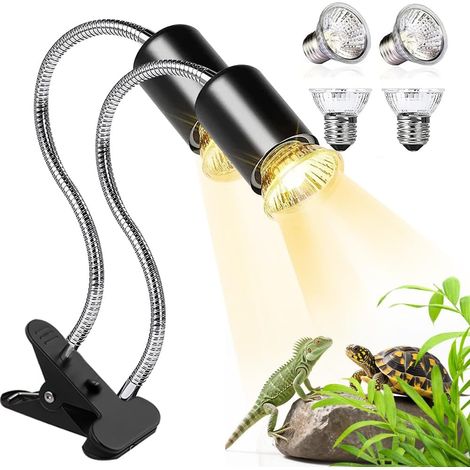 Lampe Chauffante Tortue, 25W 50W Lampe Chauffante Terrarium à Double Tête,avec minuterie et 4 ampoules UVA/UVB, avec Conception de l'interrupteur Horaire,pour Reptiles,Amphibiens,Tortues, [Classe éner (1/5)