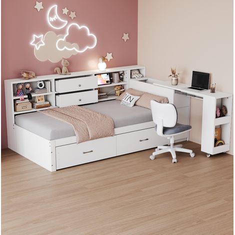 Lit simple minimaliste 90x200 cm en bois blanc avec tête de lit multifonction, 2 tiroirs, bureau coulissant et USB (1/5)