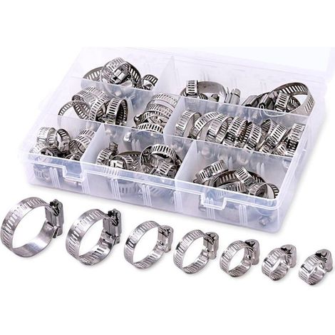 Assortiment de 60 colliers de serrage à vis sans fin réglables en acier inoxydable (8-38 mm), 7 tailles, pour conduites de carburant et tuyaux de plomberie. (1/5)
