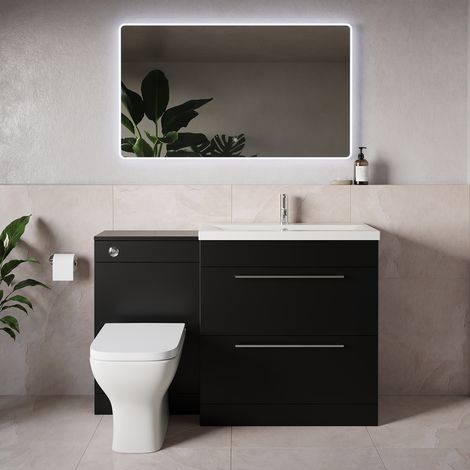 Napoli 390 Matt Black 1300mm 2 Drawer Vanity Unit Toilet Suite with Glide Basin - 1300mm - Chrome 480mm HandleWith Kingston Toilet Pan and Seat