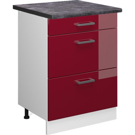Mobiletto base per cucina R-Line, Rosso bordeaux lucido, 60 cm con cassetti, PL Antracite, Vicco