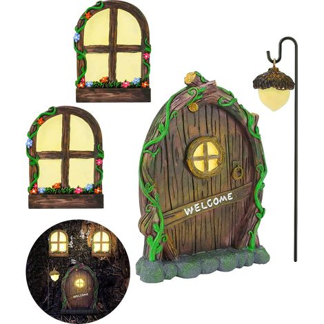 Set di porte e finestre in resina da favola con finestre illuminate, sculture di alberi in miniatura e accessori decorativi per esterni