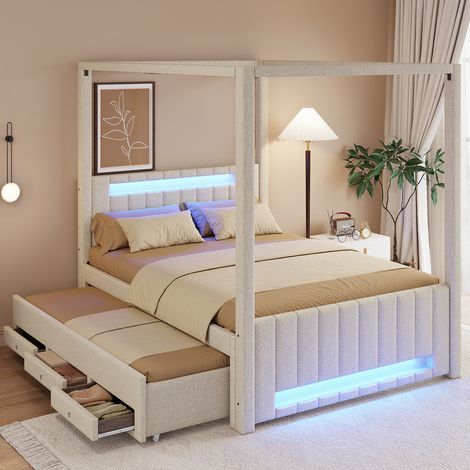Himmelbett 140x200 cm aus MDF und beigefarbenem Leinen mit Ausziehbett, ohne Matratze – MEUBLIV (1/5)