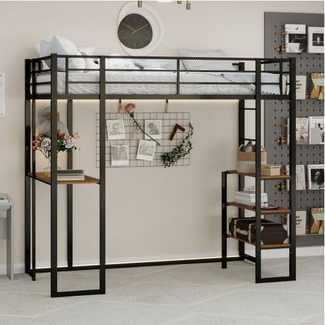 Lit mezzanine - SOGEU - 90x190 cm - Bureau en L - 2 échelles - Garde-corps - Noir (1/5)