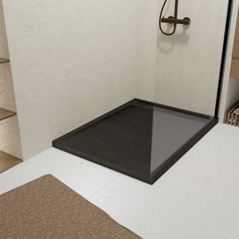 Piatto Doccia in Acrilico Nero Effetto Pietra 90x120x4 cm + Griglie Lineari Cromato e Nero Opaco