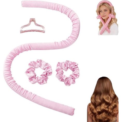 Bande à boucler sans chaleur en satin - Boucles sans chaleur - Avec pince à cheveux et 2 chouchous - Élastique souple - Rose - Facile à utiliser, ondulations douces - Convient à la maison et aux voyag (1/5)