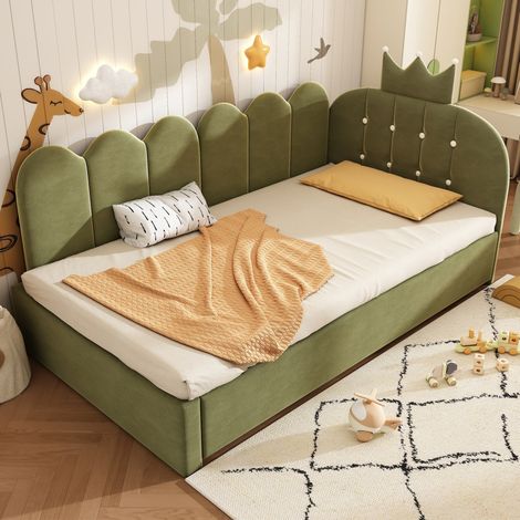 Letto daybed moderno in velluto verde 90x200 cm con letto estraibile 90x190 cm, testiera a corona e rete a doghe