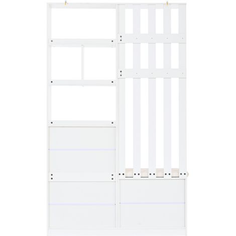 Armario perchero de recibidor 120x30x200 cm MDF con banco acolchado y zapatero blanco (1/5)