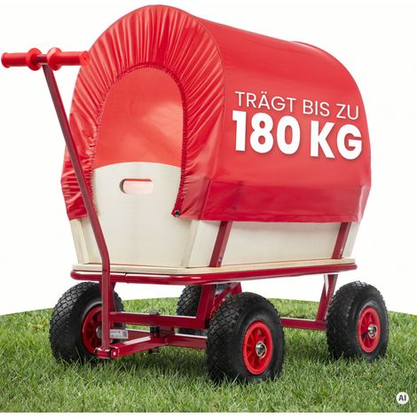 Carretto in Legno Porta Attrezzi Carico Max 180 kg 4 Pneumatici Telaio in Acciaio Cariola Trasporto (1/8)