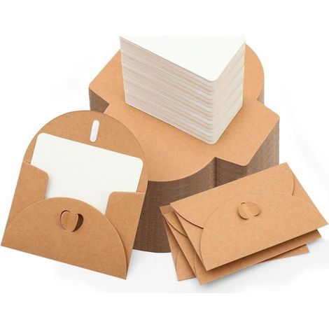 100 mini enveloppes kraft 10,5 x 7 cm avec 100 cartes vierges Fermeture en forme de cœur, pour cadeaux, loisirs créatifs, fêtes et cartes de vœux (1/5)
