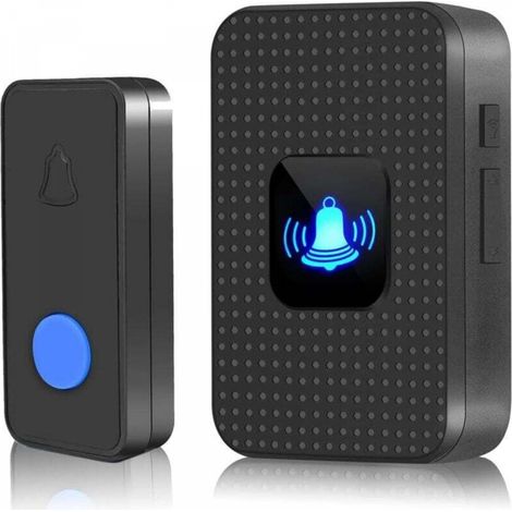 Sonnette Porte sans Fil IP55 150M, 38 Mélodies 5 Volumes, LED Bleu pour Maison Bureau Hôtel Urgence, Noir (1/5)