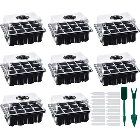 8 Pièces Mini Serre pour Semis, 12cellules Serre Interieur Plateaux de Culture Semis Bacs à Semis Kit de Germination Interieur avec Couvercle pour Plantes Tomate, Noir (1/5)