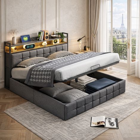Lit coffre 140x200 avec sommier LED et USB, Lit Double avec Rangement hydraulique, lit 2 Personnes pour Adultes et Ado, Lin, Gris (1/5)