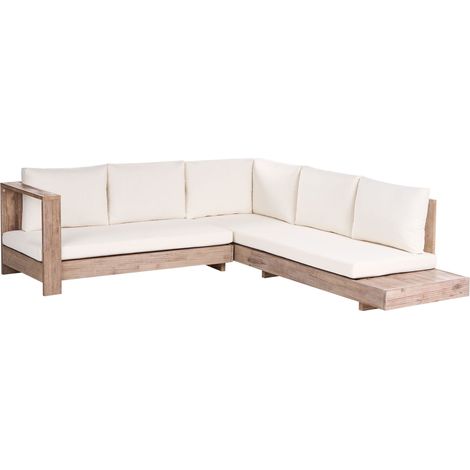 Outdoor Corner Sofa Set Light Certified Acacia Wood with White Cushions Right Hand 5 Seater Lounge Set with Side Table MARETTIMO (1/5)