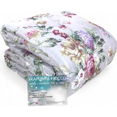 Sanderson Flower Quilt Hiver Fond Gris, Couette Chaude 300 gr/m², Motif Floral Elégant, Fabriqué en Italie 2 PLACES