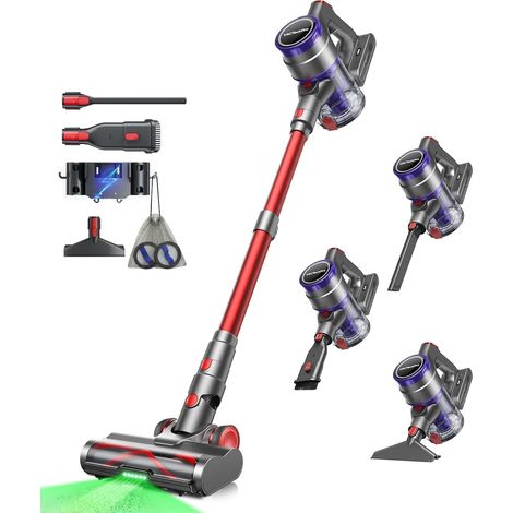 Aspirateur Balai sans Fil, 600W/55KPa Filtration à 8 Couches, Brosse à Sol Anti-Tangle, 70Min d’Autonomie, 1.6L Réservoir à Poussière, Violet et Rouge (1/5)