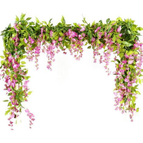 Guirlande de 5 fleurs de glycine artificielle violettes et rouges, 5 pièces au total, 10 mètres de fausse glycine suspendue en soie.-AquaForge (1/5)