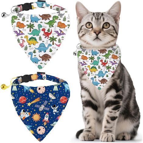 2 Collier pour Chat à Ouverture Facile avec Bandana Amovible et Clochette Collier Dinosaure Réglable pour Chatons et Chats/Chiens Bandana Vaisseau Spatial (1/5)