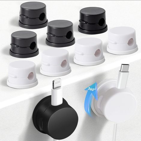 10 Paquets de Cable Management, Clips Cable Magnétiques Rotatives à 360°, Organisateur de Cable pour le Bureau, la Voiture, la Table de Nuit, le Bureau, la Maison (Noir et Blanc) (1/5)