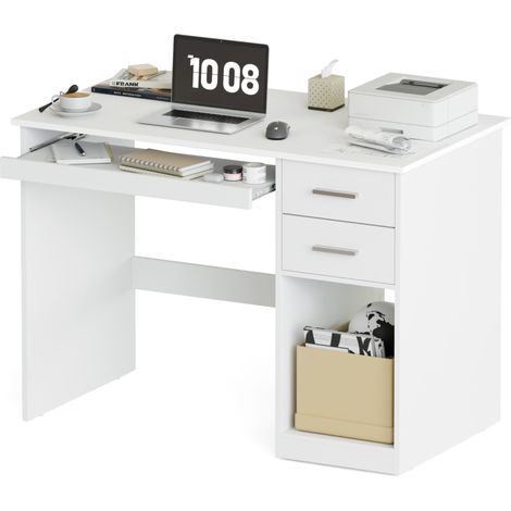 Bureau informatique avec 2 Tiroirs, Plateau Clavier et Étagère de Rangement Ouvert, Bureau pour Ordinateur 105L x 48P x 75H cm, Blanc, Mondeer