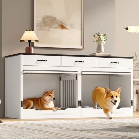 Jaula para perro de MDF y metal para 2 perros, 164 x 60 x 81 cm, con cajones, blanco/negro HAVRYA (1/5)