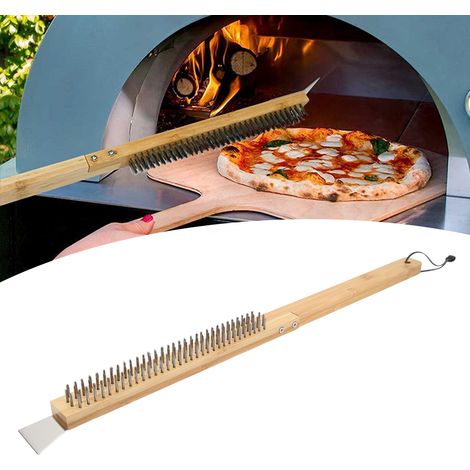 Brosse à pizza à manche en bois avec fil en acier inoxydable détachable, idéale pour la cuisson en cuisine et le nettoyage des pizzas. (1/5)