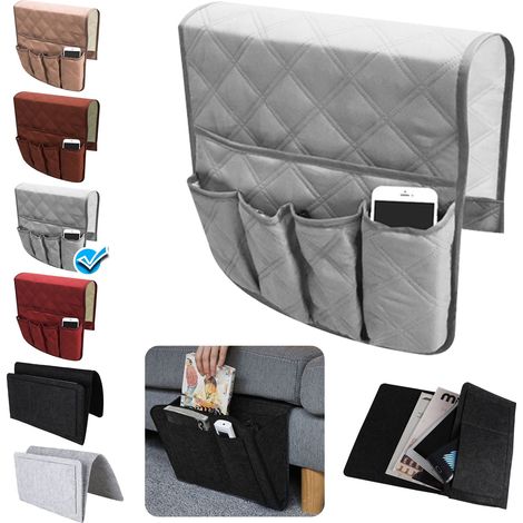 Organiseur de rangement antidérapant pour fauteuil et canapé, avec 5 poches pour téléphone, livres, magazines, iPad et télécommandes TV - Marron/Gris/Beige/Rouge (1/5)