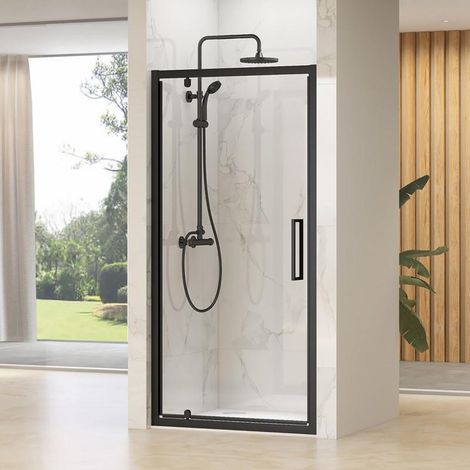 Synergy Designer Black Shower Door 800 x 800mm, Tray & Waste Set Pivot Hinge En-suite Glass (1/5)