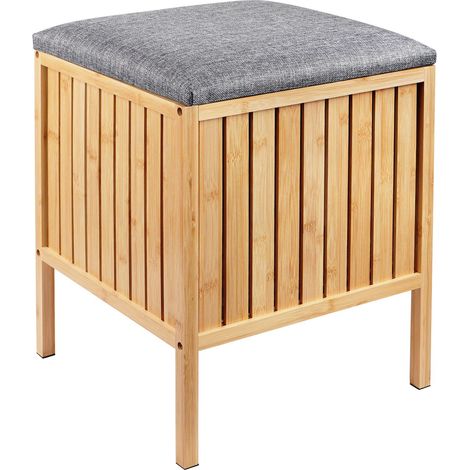 Relaxdays laundry hamper with seat, bamboo, padded lid, HxWxD 52 x 39 x 39 cm, bathroom stool with storage, natural/grey
