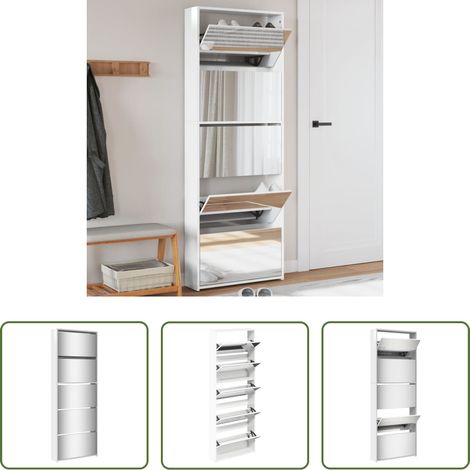 Schuhregal - Schuhschrank mit Spiegel 5 Fächer Hochglanz-Weiß 63x17x169,5 cm