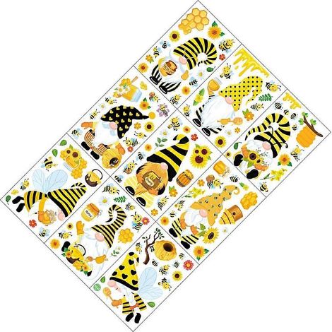 feuilles d'autocollants pour fenêtre en PVC réutilisables, motif gnome, abeille et fleurs, pour décoration de fête