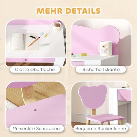 Bureau enfant rose avec plateau et tiroir, chaise en forme d'ours, ensemble table et siège pour fille et garçon, pupitre scolaire, bureau d'étude pour enfant, mobilier 2 pièces. (1/5)